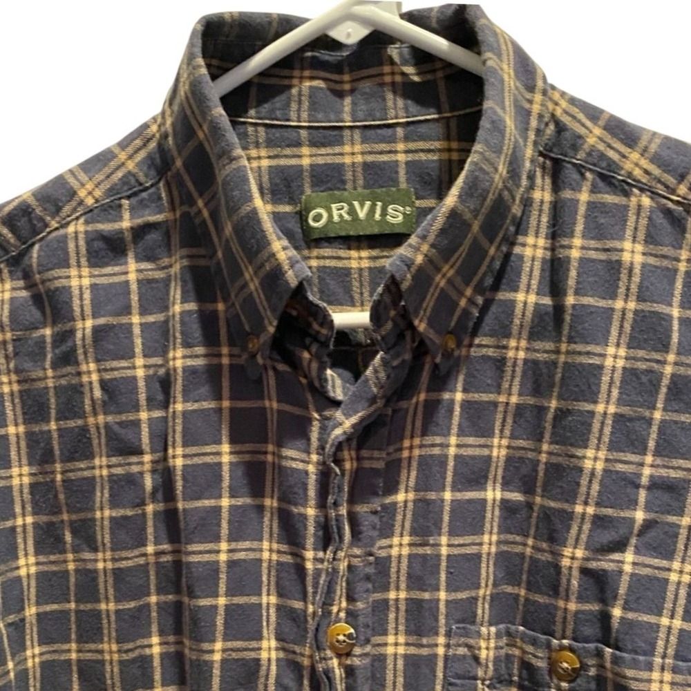 Orvis Large Plaid Button Down Men's‎ Navy Gold Long Sleeve Flannel Shirt